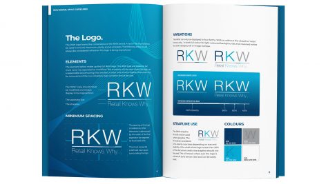 rkw logo design shown on two-page spread mockup