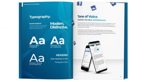 typography shown on two-page spread showing brand guidelines